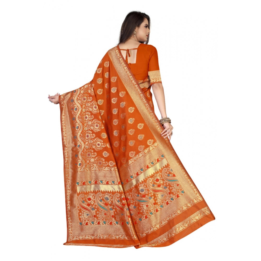 Generic Women's Banarasi Silk Designer Weaving Saree With Unstitched Blouse (Orange, 5.50 Mtrs) - Noble Nook