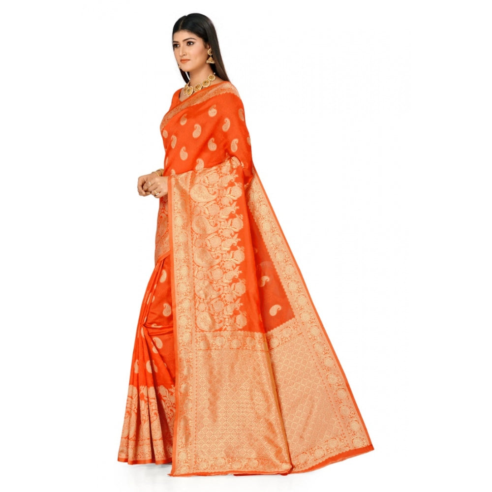 Generic Women's Banarasi Silk Designer Weaving Saree With Unstitched Blouse (Orange, 5.50 Mtrs) - Noble Nook