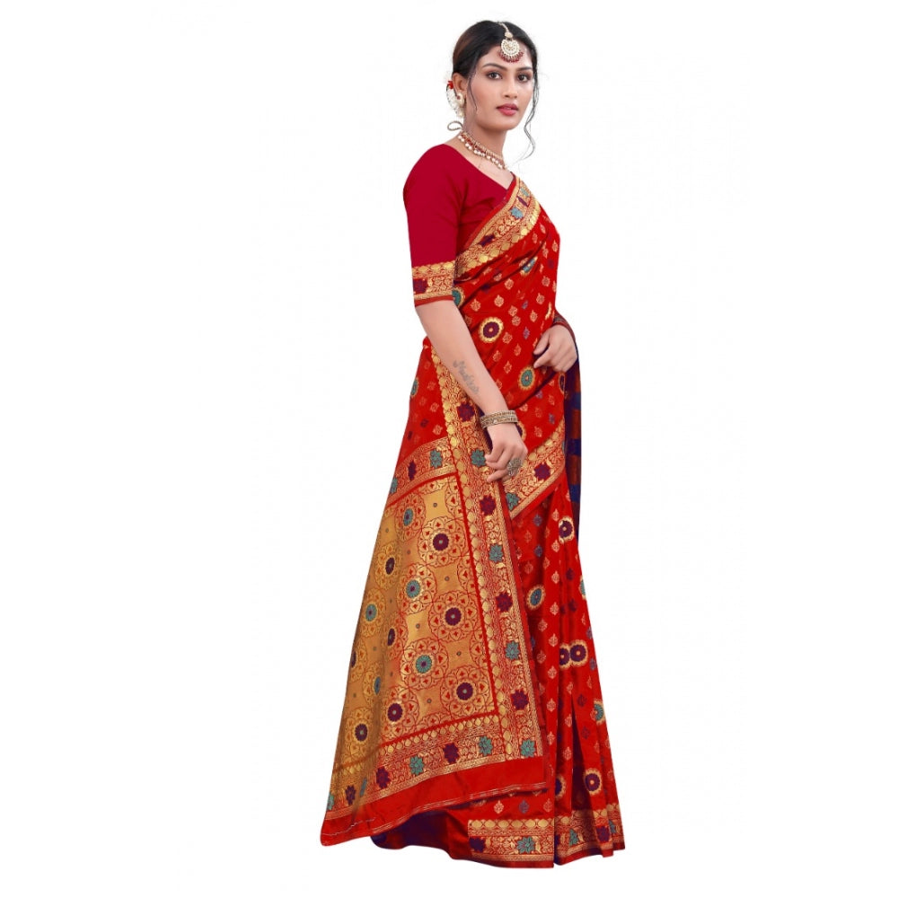 Generic Women's Banarasi Silk Designer Weaving Saree With Unstitched Blouse (Red, 5.50 Mtrs) - Noble Nook