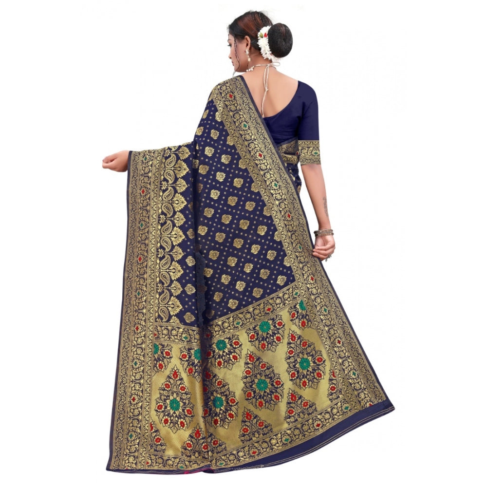 Generic Women's Banarasi Silk Designer Weaving Saree With Unstitched Blouse (Blue, 5.50 Mtrs) - Noble Nook