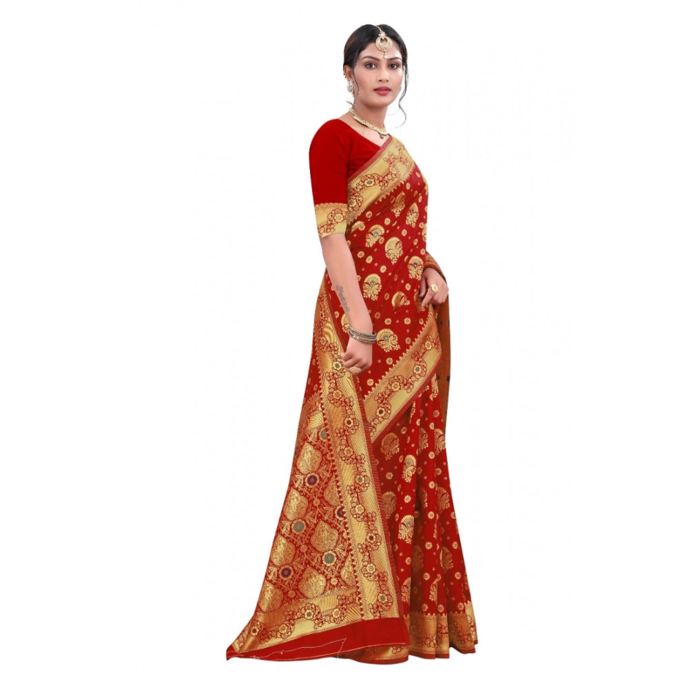 Generic Women's Banarasi Silk Designer Weaving Saree With Unstitched Blouse (Red, 5.50 Mtrs) - Noble Nook