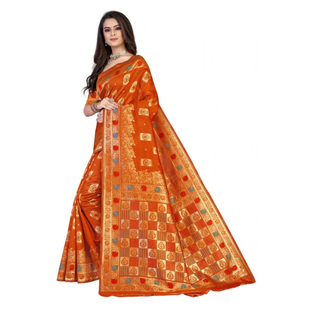 Generic Women's Banarasi Silk Designer Weaving Saree With Unstitched Blouse (Orange, 5.50 Mtrs) - Noble Nook