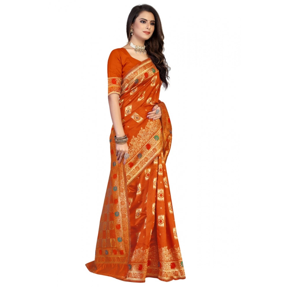 Generic Women's Banarasi Silk Designer Weaving Saree With Unstitched Blouse (Orange, 5.50 Mtrs) - Noble Nook