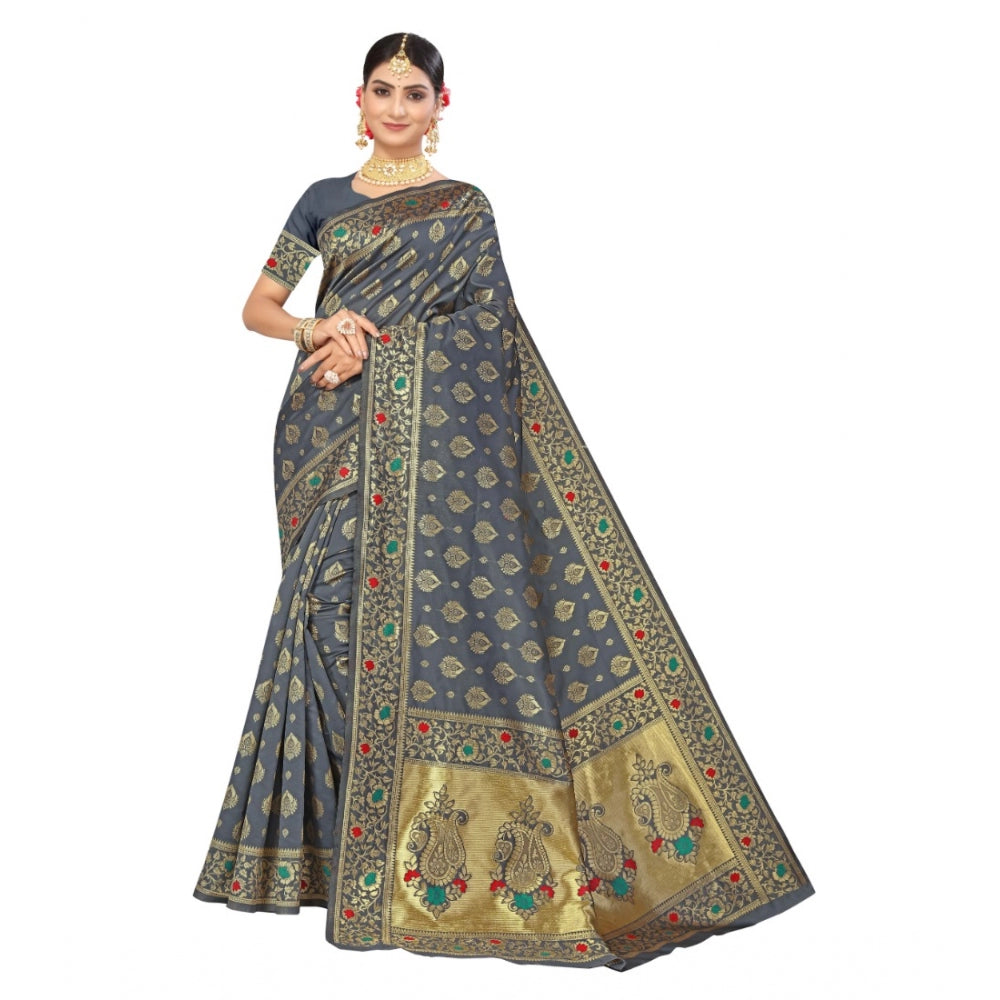 Generic Women's Banarasi Silk Designer Weaving Saree With Unstitched Blouse (Grey, 5.50 Mtrs) - Noble Nook