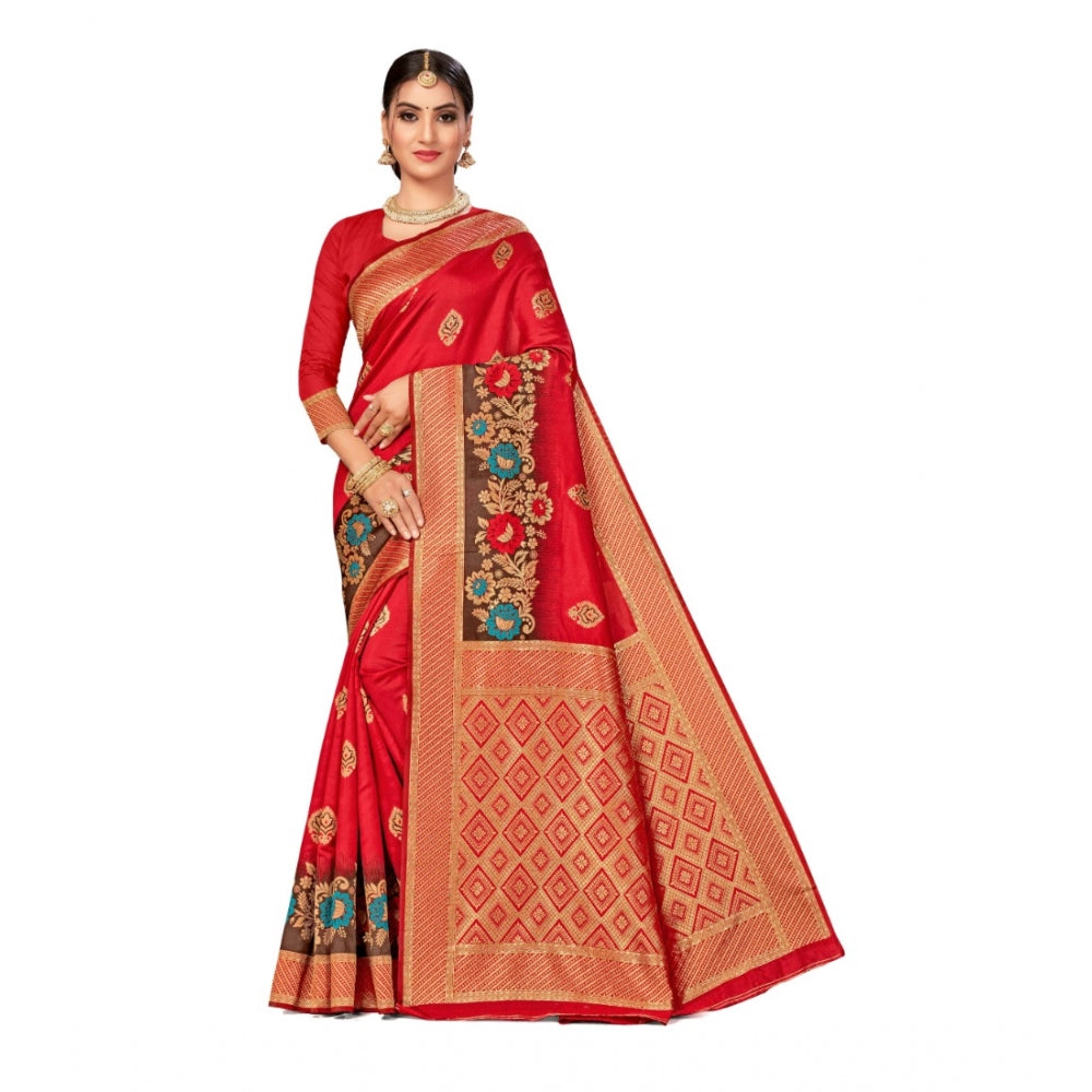 Generic Women's Banarasi Silk Designer Weaving Saree With Unstitched Blouse (Red, 5.50 Mtrs) - Noble Nook