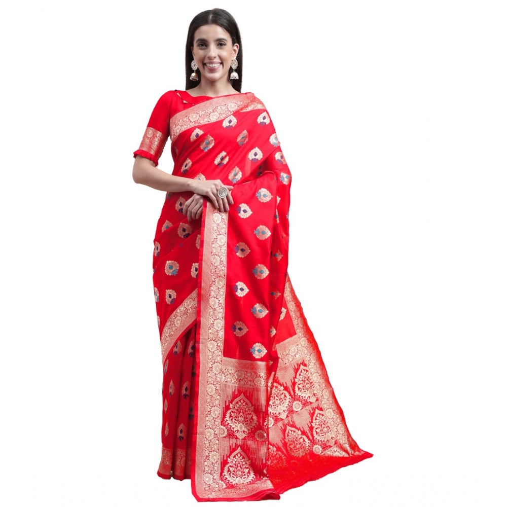 Generic Women's Kanjivaram Silk Designer Weaving Saree With Unstitched Blouse (Red, 5.50 Mtrs) - Noble Nook