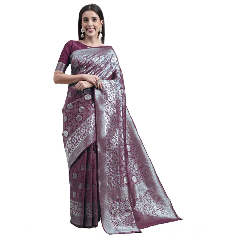 Generic Women's Kanjivaram Silk Designer Silver Weaving Saree With Unstitched Blouse (Purple, 5.50 Mtrs) - Noble Nook