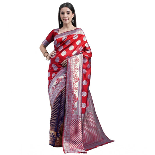 Generic Women's Kanjivaram Silk Designer Weaving Saree With Unstitched Blouse (Red &amp; Blue, 5.50 Mtrs) - Noble Nook