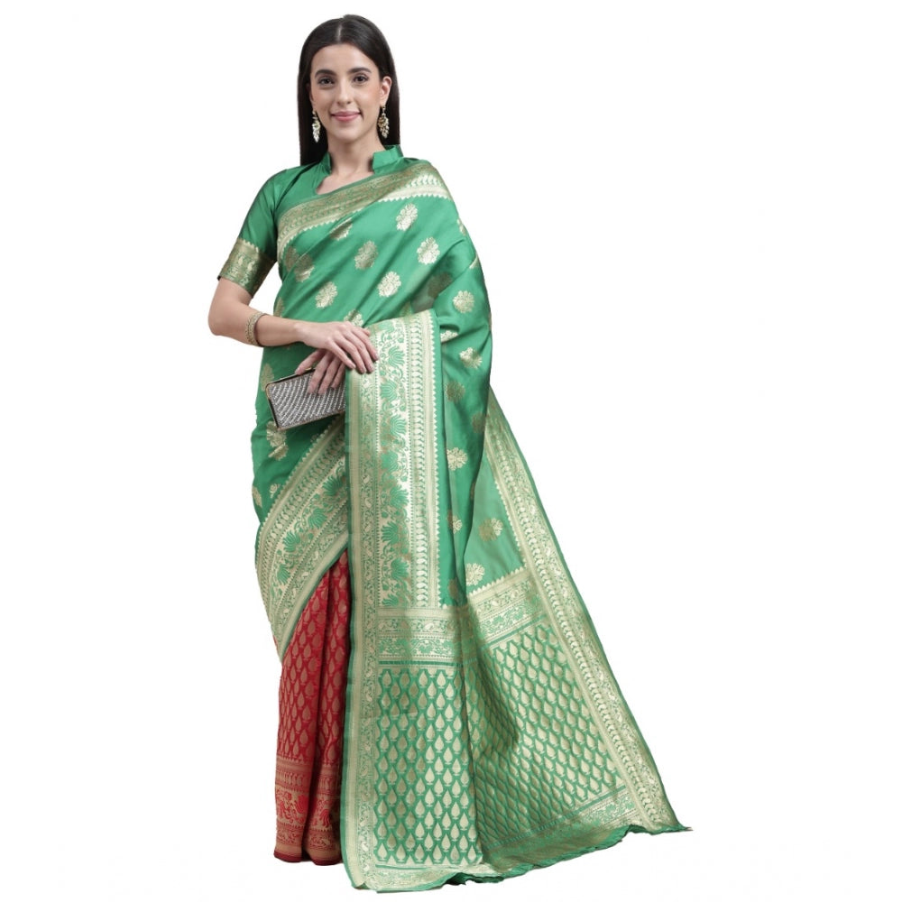 Generic Women's Kanjivaram Silk Designer Weaving Saree With Unstitched Blouse (Green &amp; Red, 5.50 Mtrs) - Noble Nook