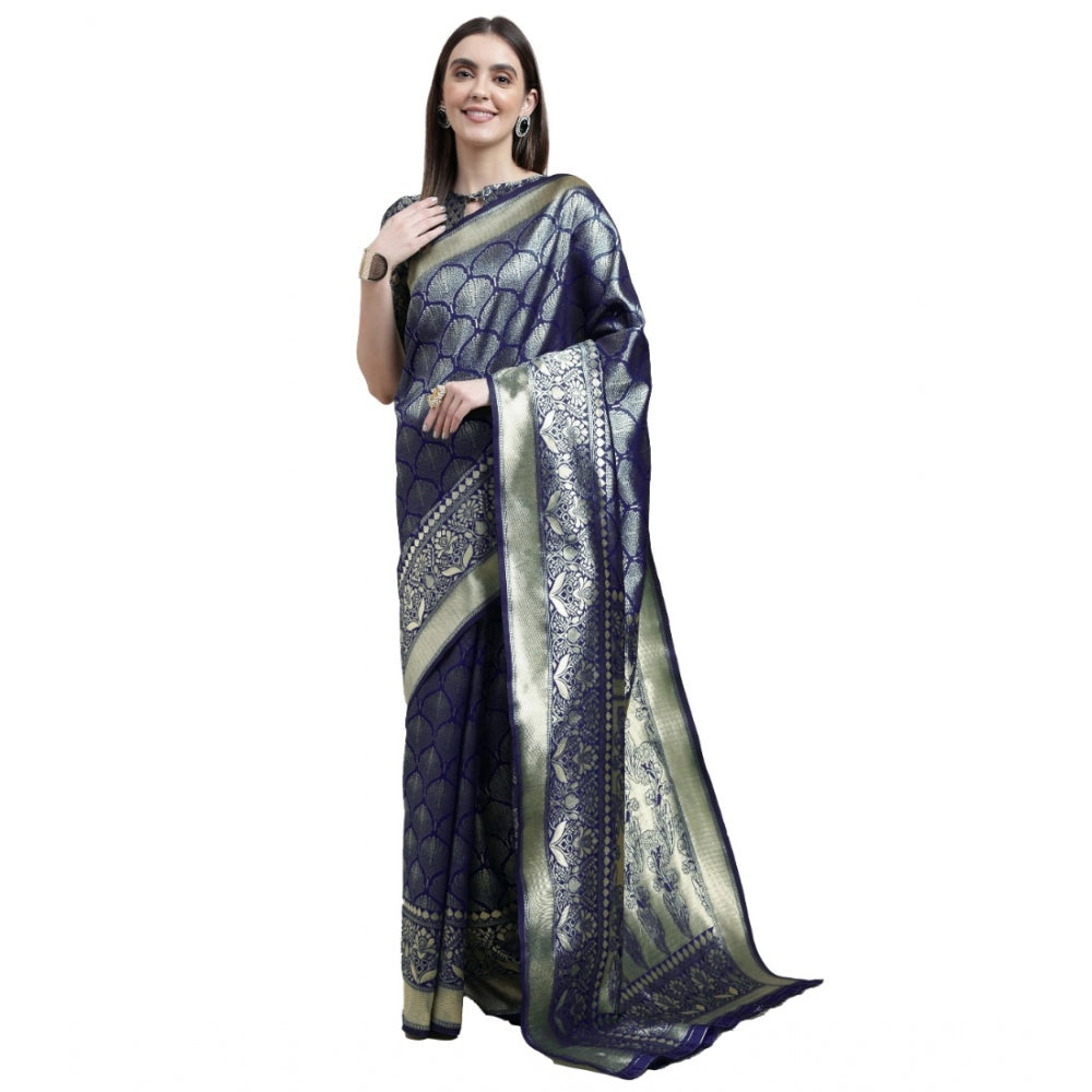 Generic Women's Banarasi Silk Designer Weaving Saree With Unstitched Blouse (Blue, 5.50 Mtrs) - Noble Nook