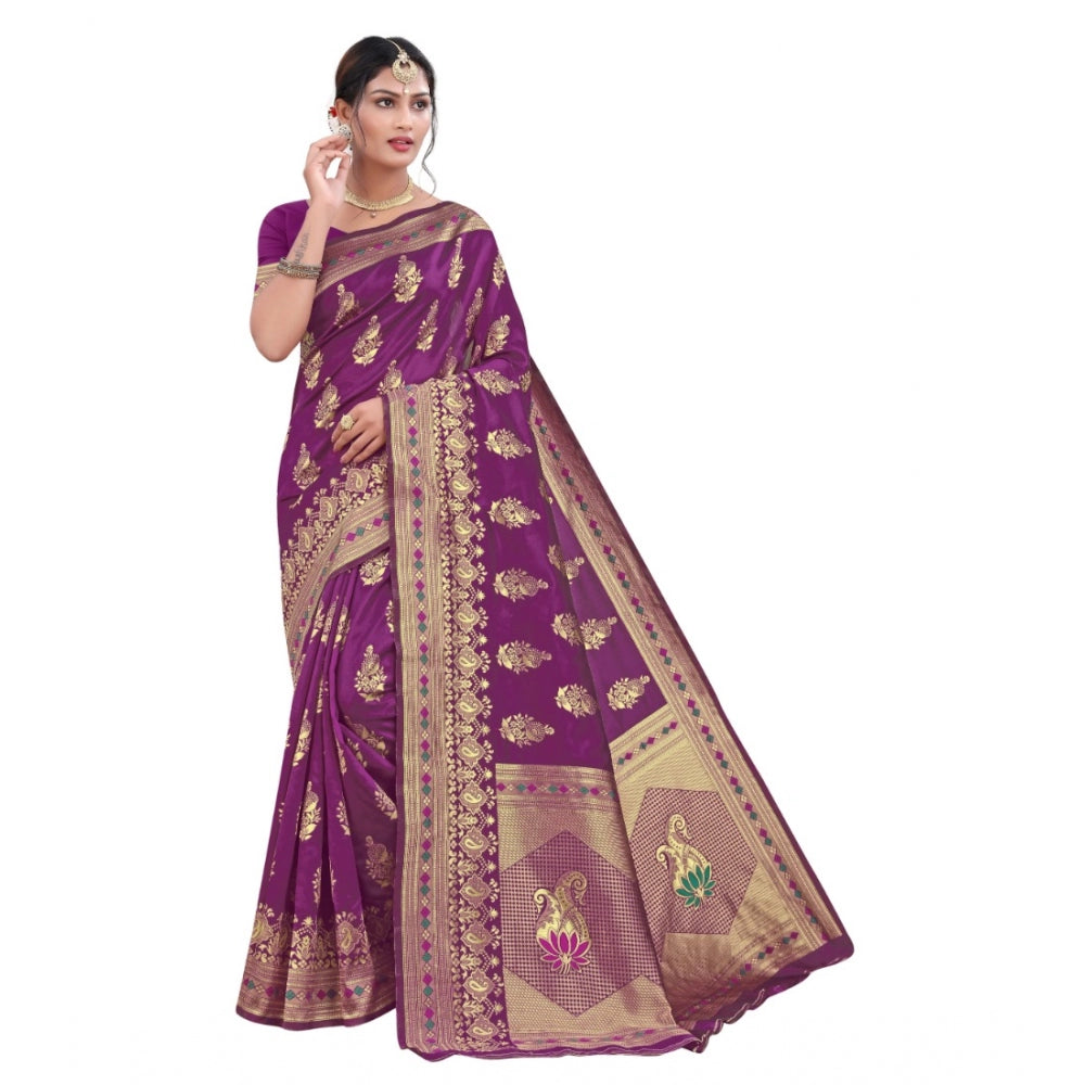 Generic Women's Banarasi Silk Designer Weaving Saree With Unstitched Blouse (Purple, 5.50 Mtrs) - Noble Nook