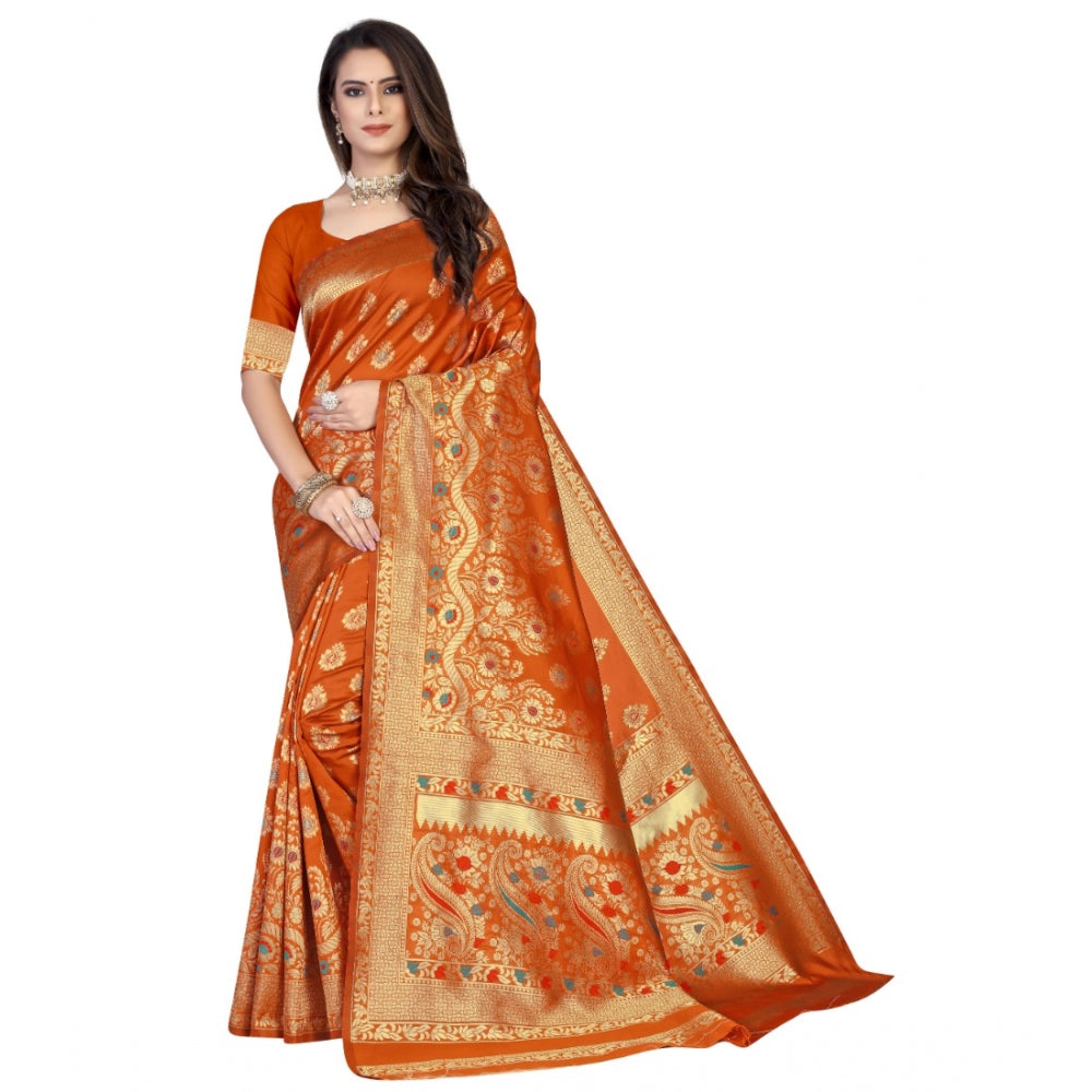 Generic Women's Banarasi Silk Designer Weaving Saree With Unstitched Blouse (Orange, 5.50 Mtrs) - Noble Nook