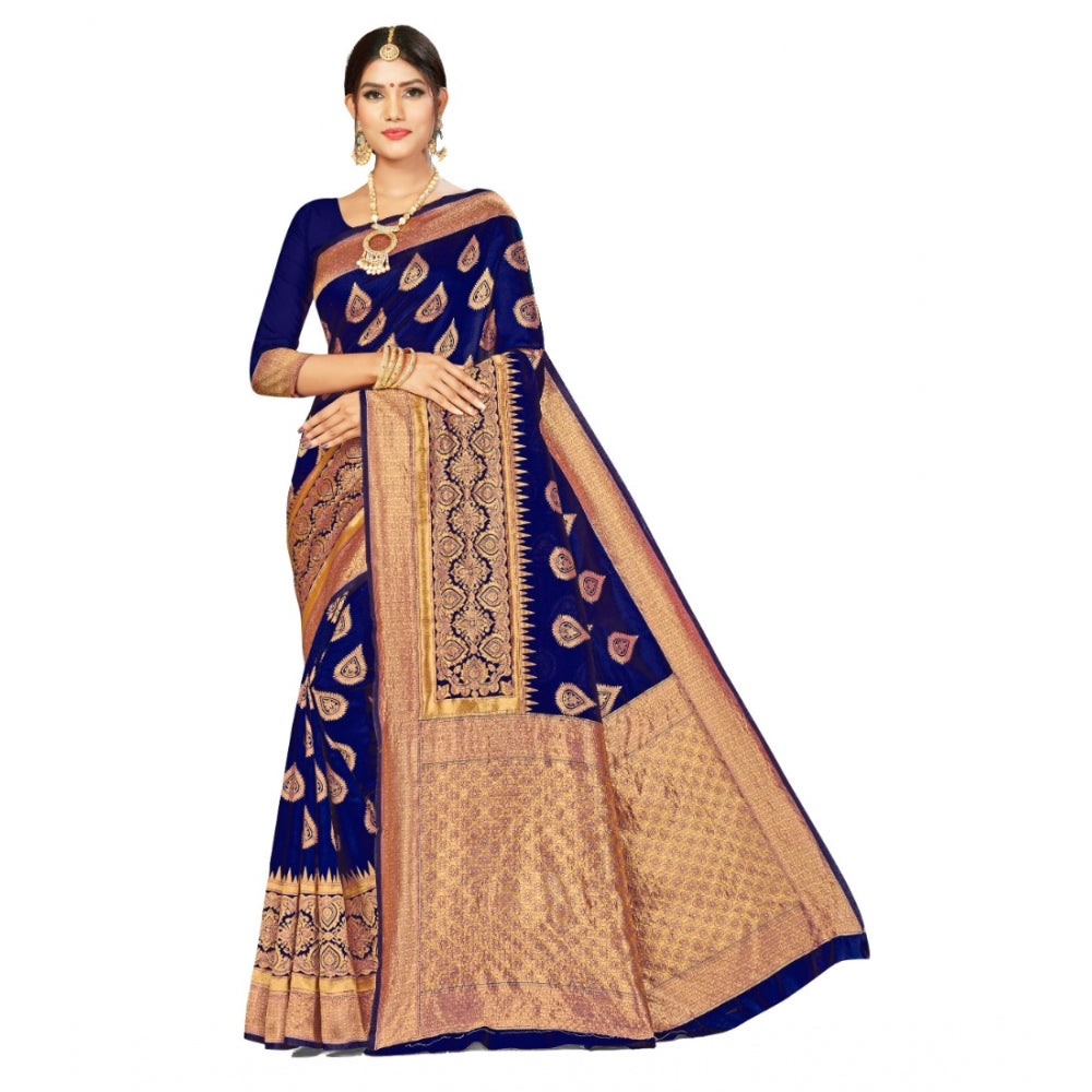 Generic Women's Banarasi Silk Designer Weaving Saree With Unstitched Blouse (Navy Blue, 5.50 Mtrs) - Noble Nook