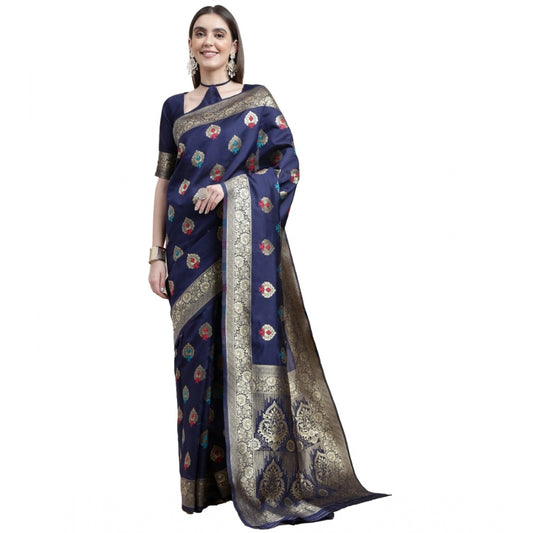 Generic Women's Kanjivaram Silk Designer Weaving Saree With Unstitched Blouse (Blue, 5.50 Mtrs) - Noble Nook