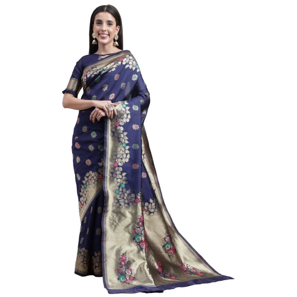 Generic Women's Kanjivaram Silk Designer Weaving Saree With Unstitched Blouse (Blue, 5.50 Mtrs) - Noble Nook