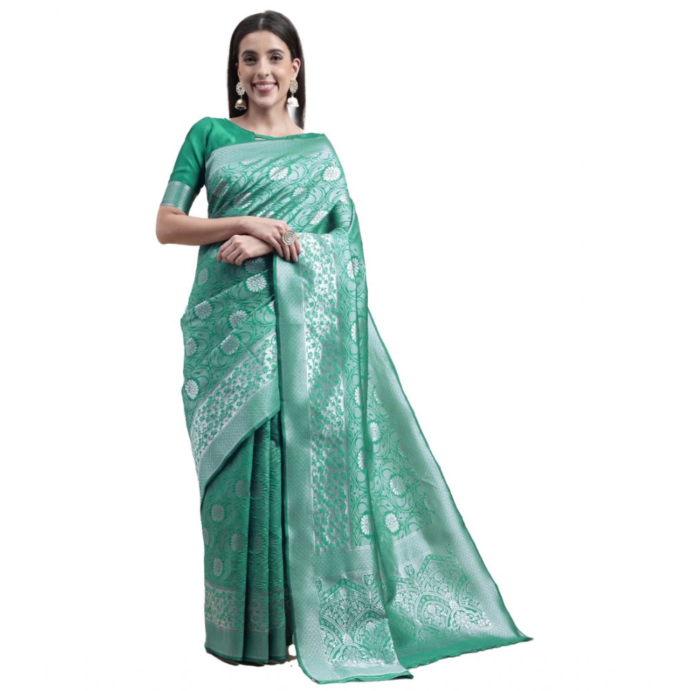 Generic Women's Kanjivaram Silk Designer Silver Weaving Saree With Unstitched Blouse (Green, 5.50 Mtrs) - Noble Nook