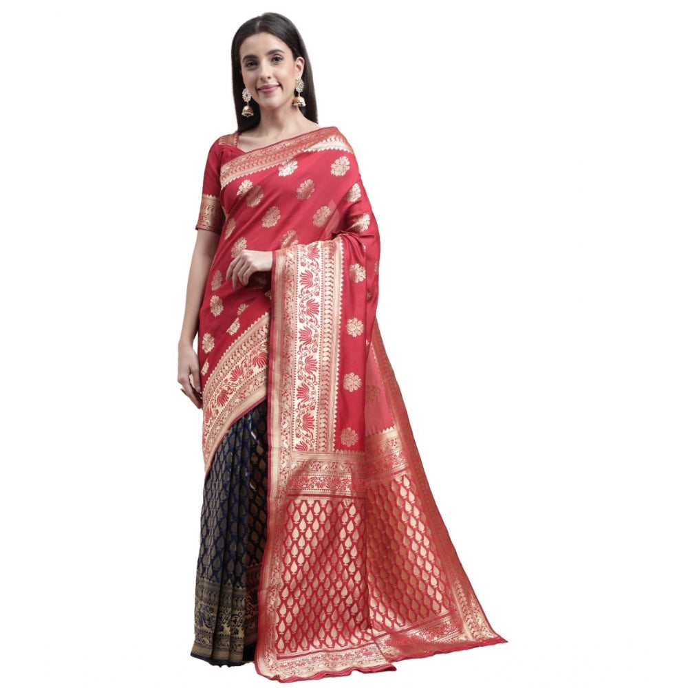 Generic Women's Kanjivaram Silk Designer Weaving Saree With Unstitched Blouse (Red,Blue, 5.50 Mtrs) - Noble Nook