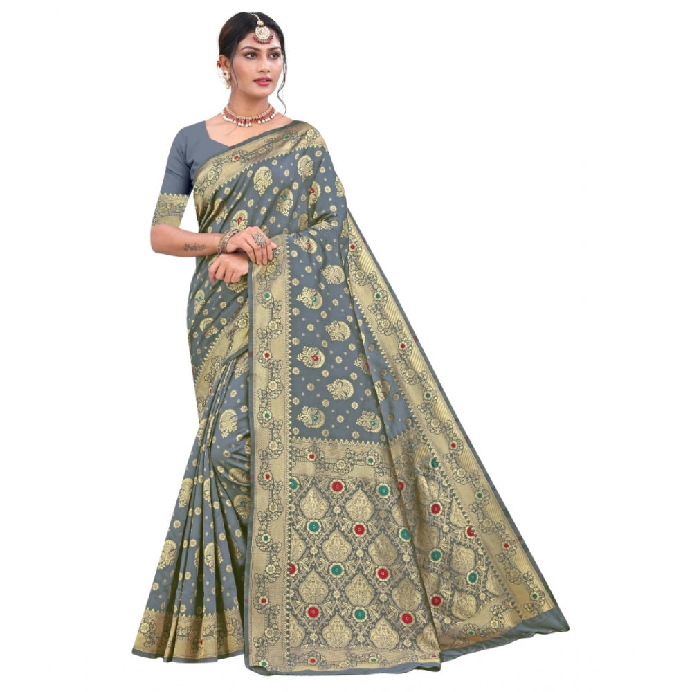 Generic Women's Banarasi Silk Designer Weaving Saree With Unstitched Blouse (Grey, 5.50 Mtrs) - Noble Nook