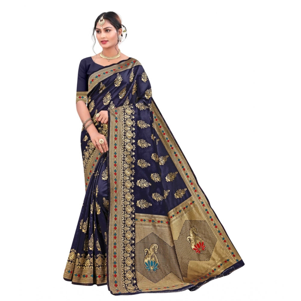 Generic Women's Banarasi Silk Designer Weaving Saree With Unstitched Blouse (Blue, 5.50 Mtrs) - Noble Nook