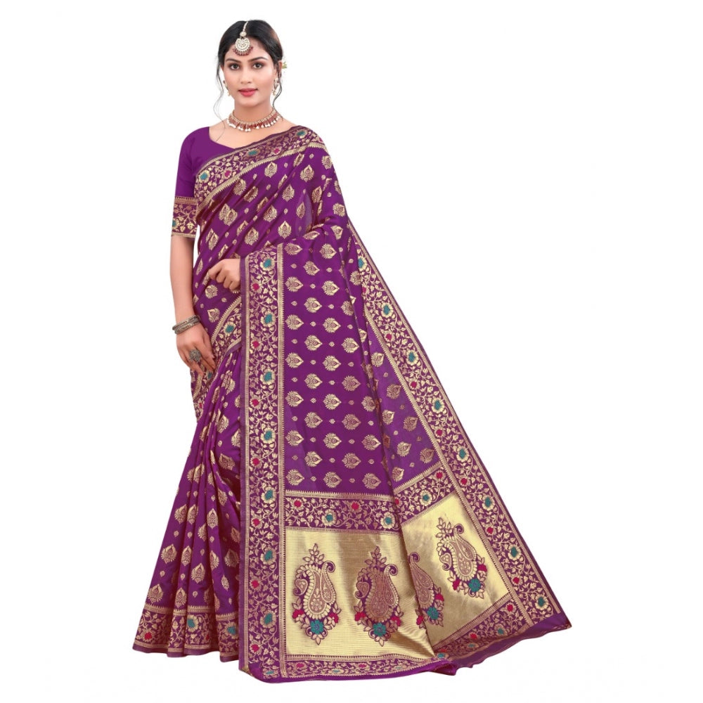 Generic Women's Banarasi Silk Designer Weaving Saree With Unstitched Blouse (Purple, 5.50 Mtrs) - Noble Nook