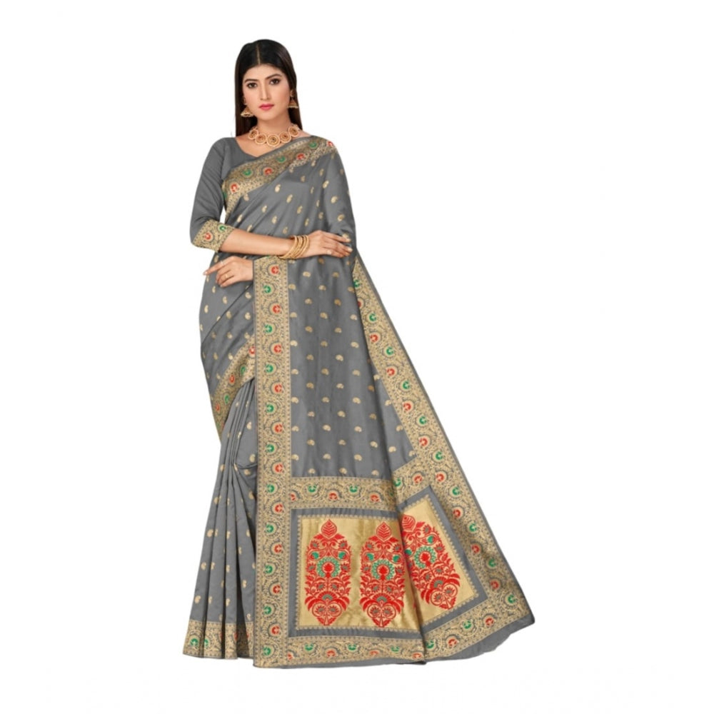 Generic Women's Banarasi Silk Designer Weaving Saree With Unstitched Blouse (Grey, 5.50 Mtrs) - Noble Nook