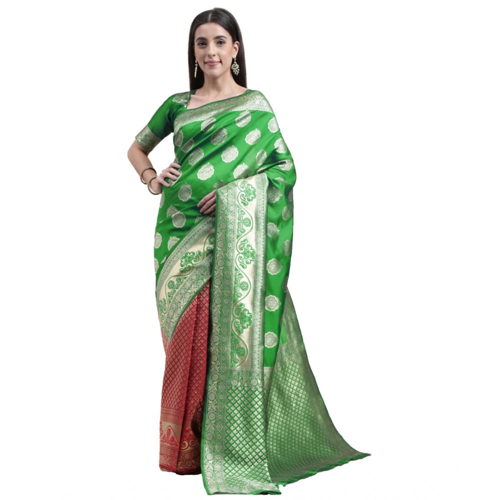 Generic Women's Kanjivaram Silk Designer Weaving Saree With Unstitched Blouse (Green &amp; Red, 5.50 Mtrs) - Noble Nook