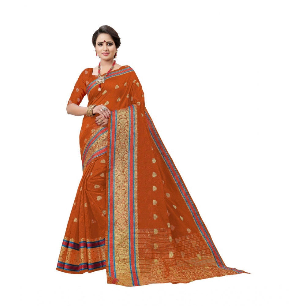 Generic Women's Cotton Silk Designer Weaving Saree With Unstitched Blouse (Orange, 5.50 Mtrs) - Noble Nook