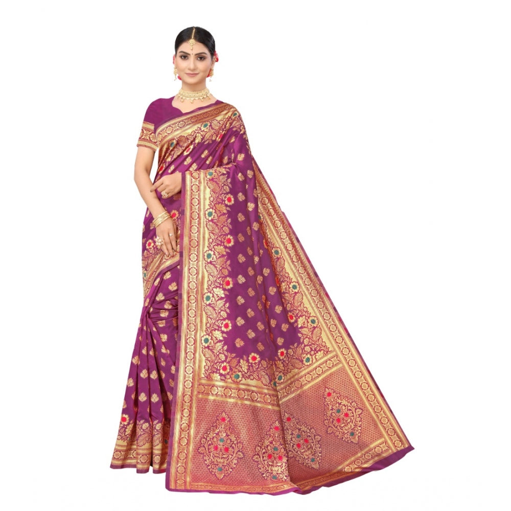 Generic Women's Banarasi Silk Designer Weaving Saree With Unstitched Blouse (Purple, 5.50 Mtrs) - Noble Nook