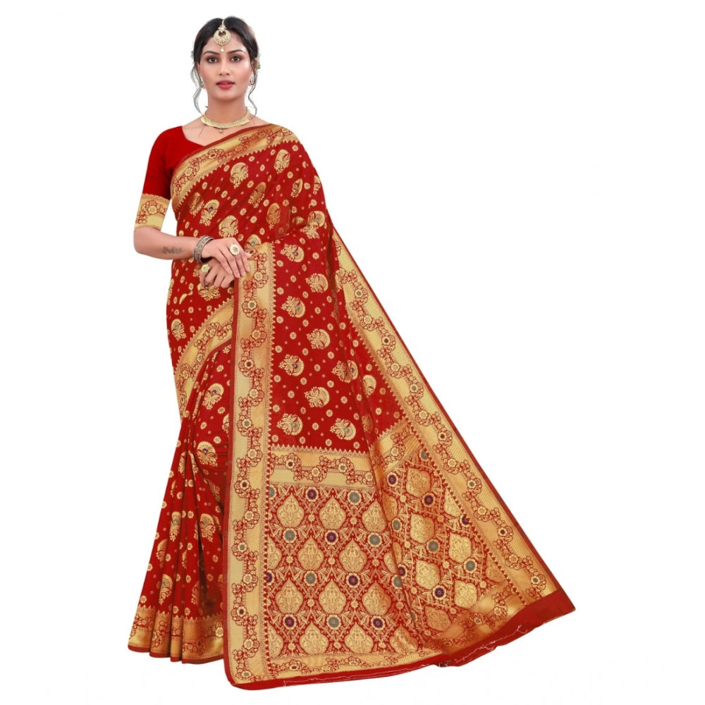 Generic Women's Banarasi Silk Designer Weaving Saree With Unstitched Blouse (Red, 5.50 Mtrs) - Noble Nook