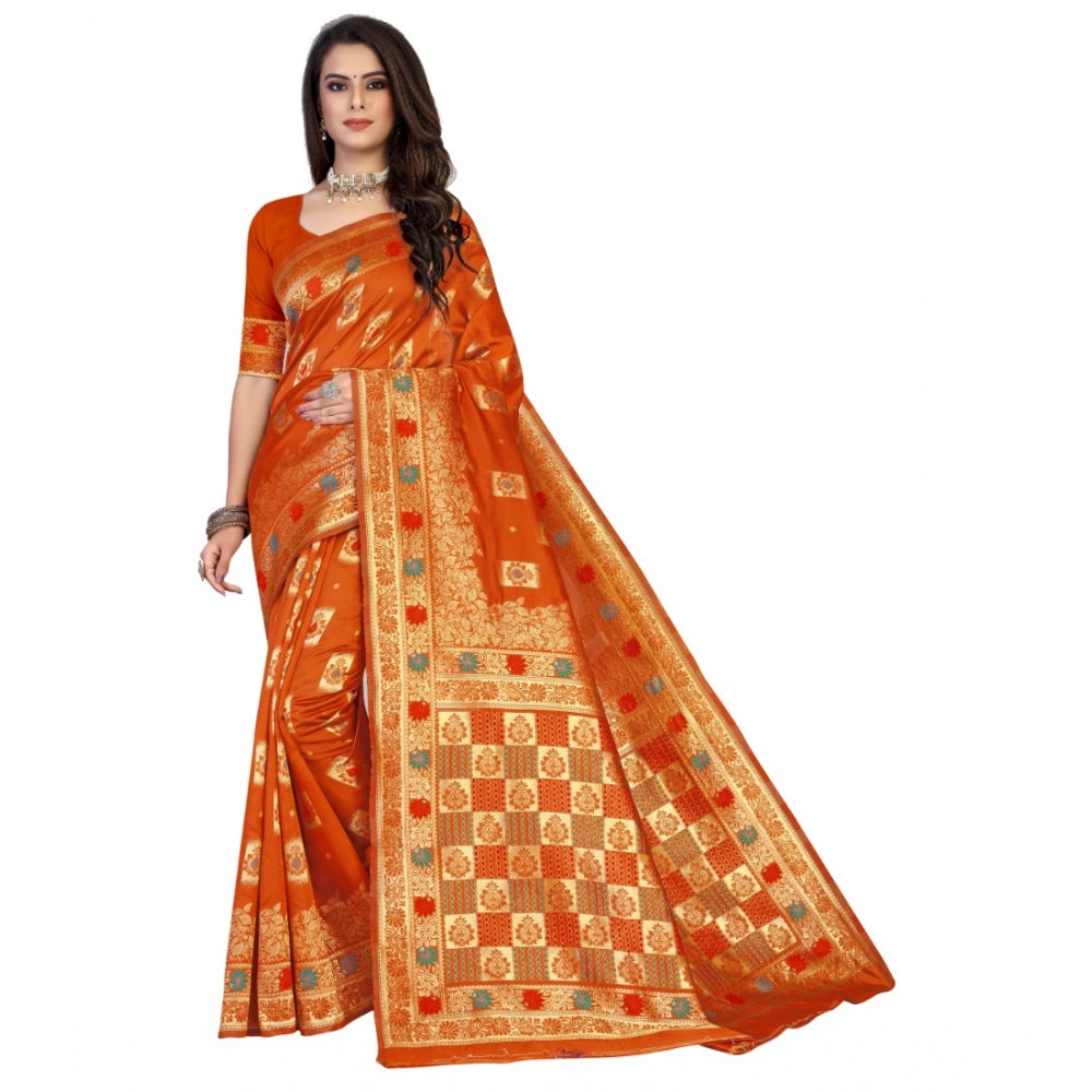 Generic Women's Banarasi Silk Designer Weaving Saree With Unstitched Blouse (Orange, 5.50 Mtrs) - Noble Nook