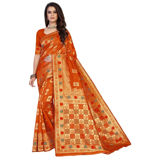 Generic Women's Banarasi Silk Designer Weaving Saree With Unstitched Blouse (Orange, 5.50 Mtrs) - Noble Nook