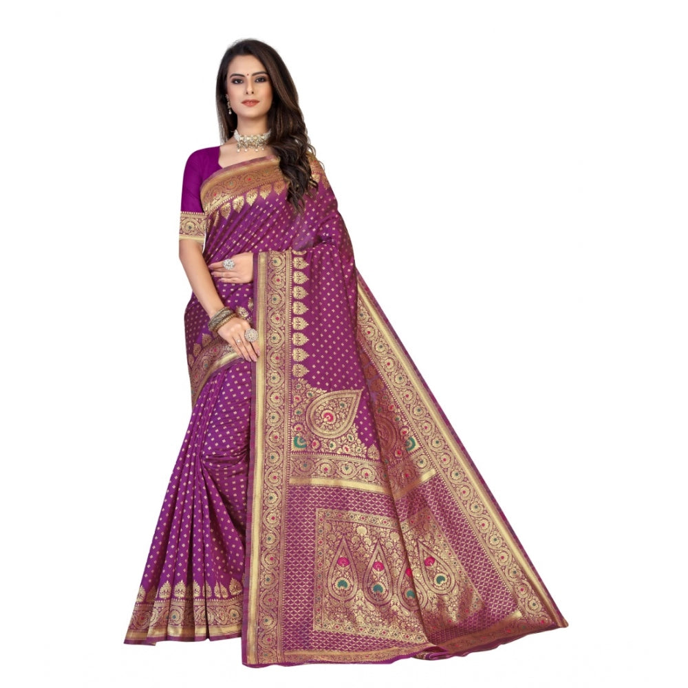 Generic Women's Banarasi Silk Designer Weaving Saree With Unstitched Blouse (Purple, 5.50 Mtrs) - Noble Nook