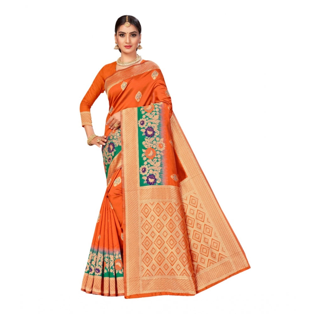 Generic Women's Banarasi Silk Designer Weaving Saree With Unstitched Blouse (Orange, 5.50 Mtrs) - Noble Nook