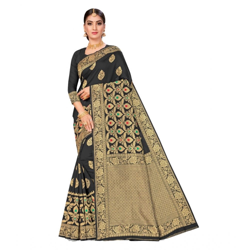 Generic Women's Banarasi Silk Designer Weaving Saree With Unstitched Blouse (Black, 5.50 Mtrs) - Noble Nook