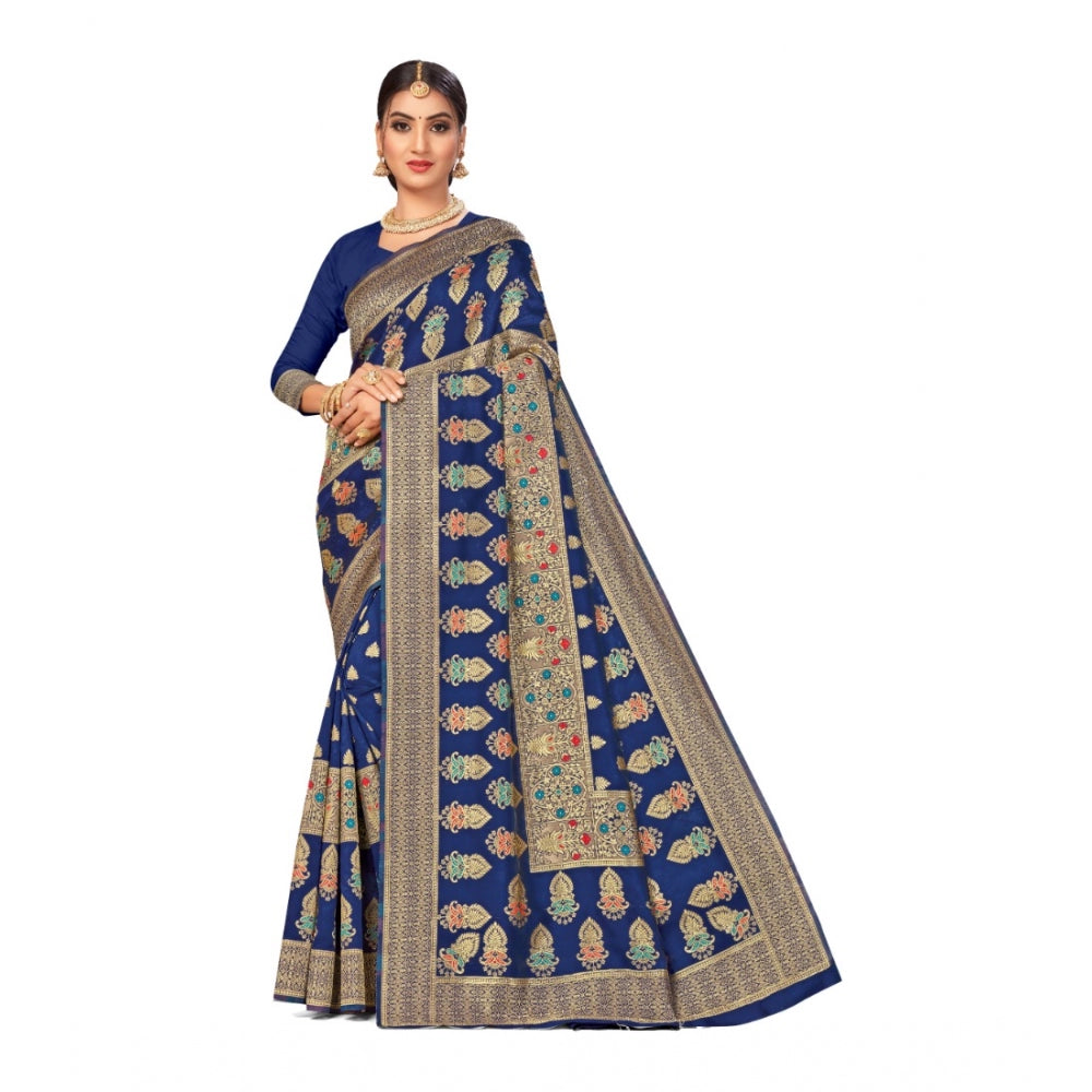 Generic Women's Banarasi Silk Designer Weaving Saree With Unstitched Blouse (Blue, 5.50 Mtrs) - Noble Nook