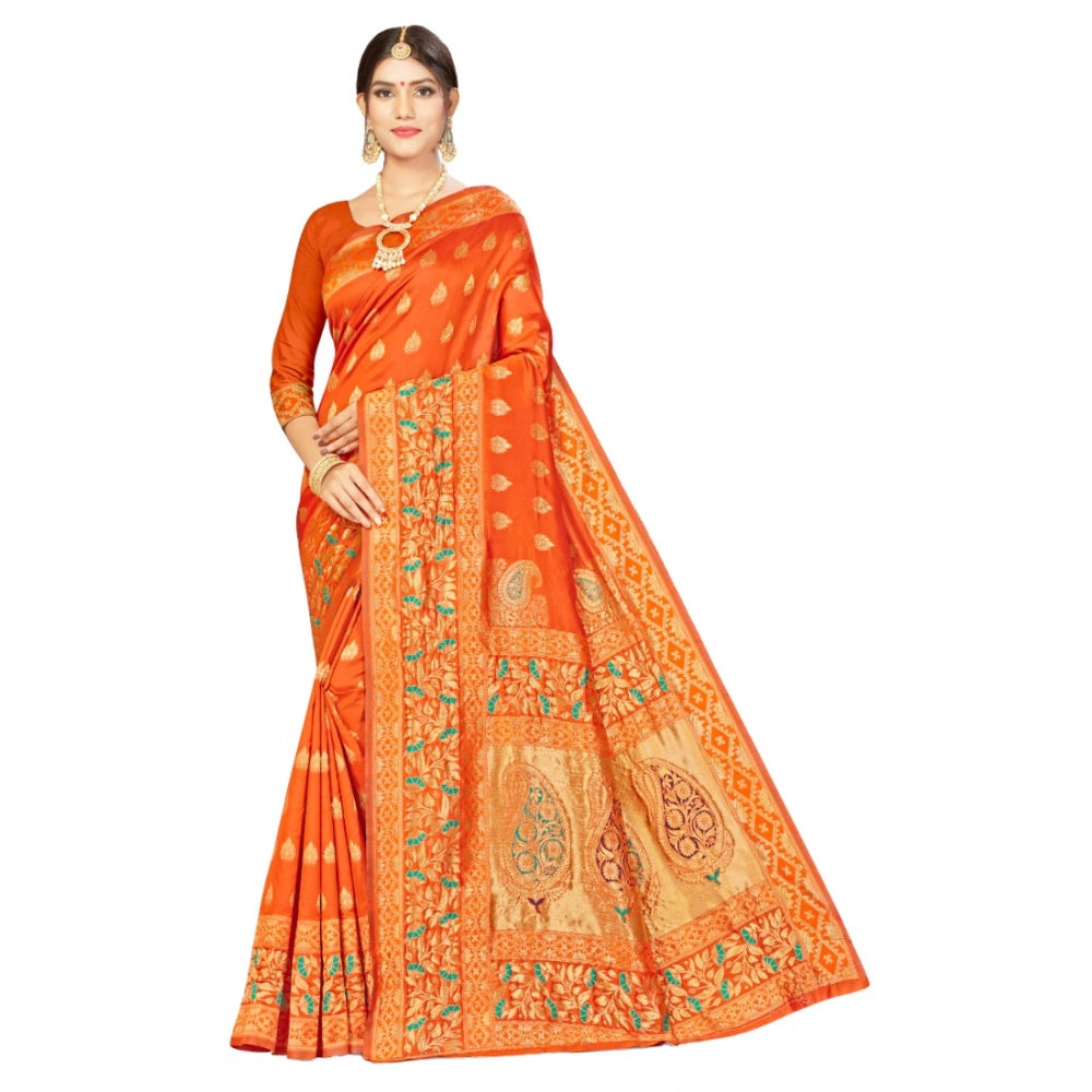 Generic Women's Banarasi Silk Designer Weaving Saree With Unstitched Blouse (Orange, 5.50 Mtrs) - Noble Nook