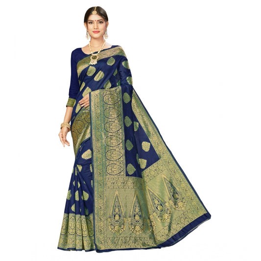 Generic Women's Banarasi Silk Designer Weaving Saree With Unstitched Blouse (Blue, 5.50 Mtrs) - Noble Nook