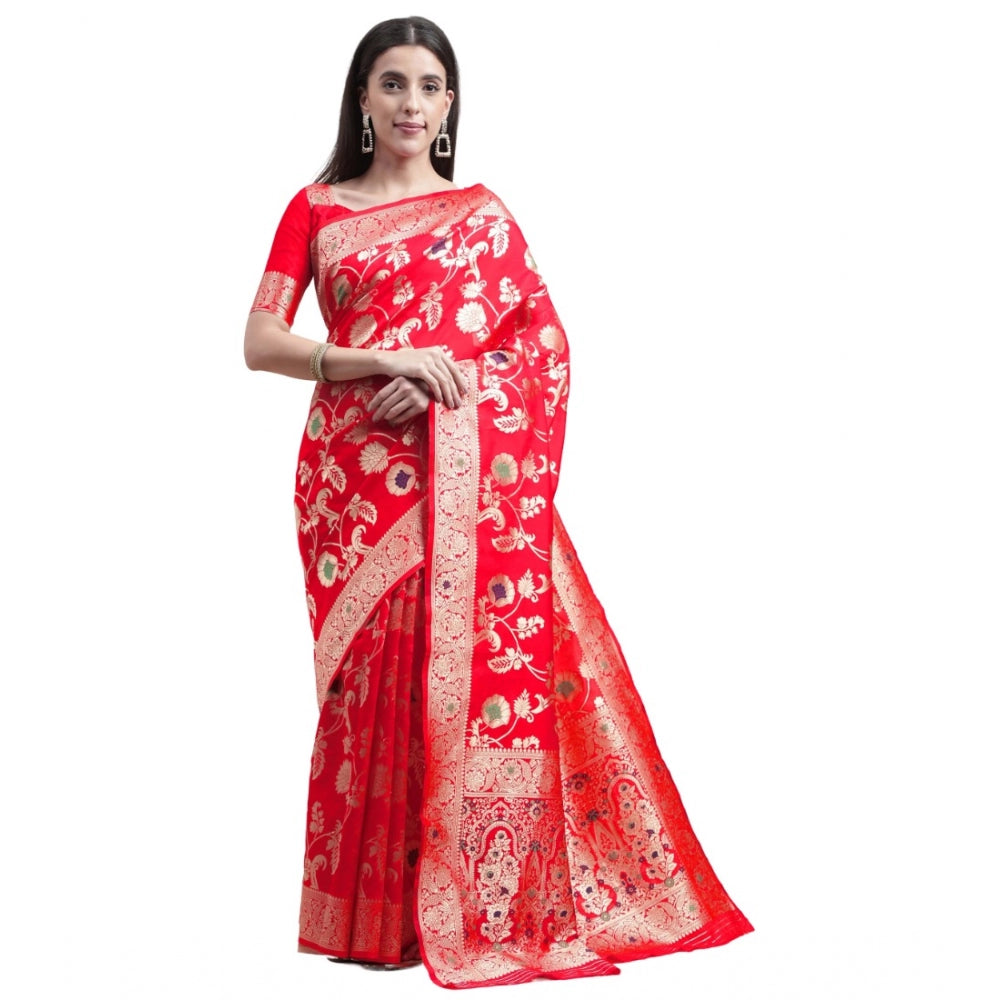 Generic Women's Kanjivaram Silk Designer Weaving Saree With Unstitched Blouse (Red, 5.50 Mtrs) - Noble Nook