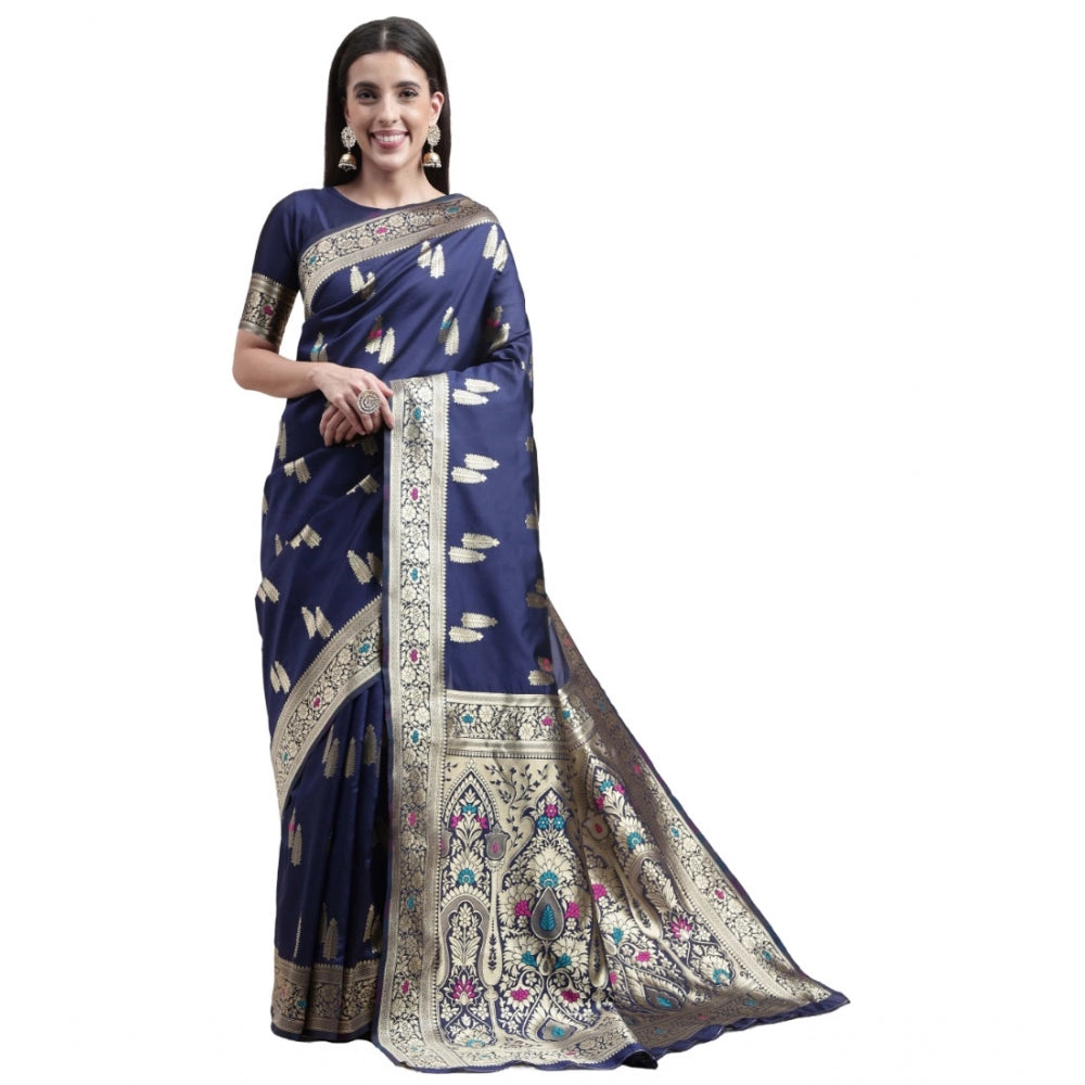 Generic Women's Kanjivaram Silk Designer Weaving Saree With Unstitched Blouse (Blue, 5.50 Mtrs) - Noble Nook