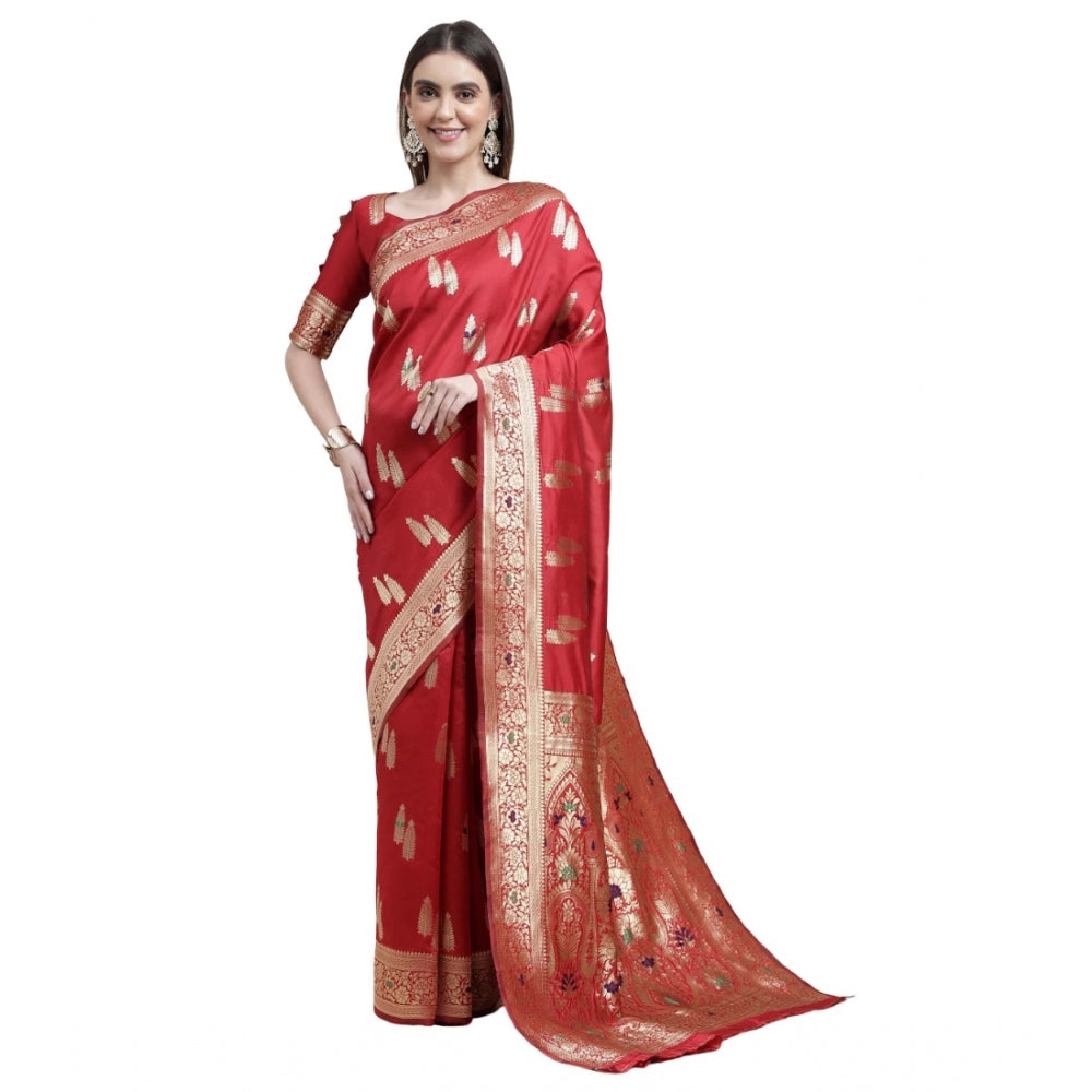 Generic Women's Kanjivaram Silk Designer Weaving Saree With Unstitched Blouse (Red, 5.50 Mtrs) - Noble Nook