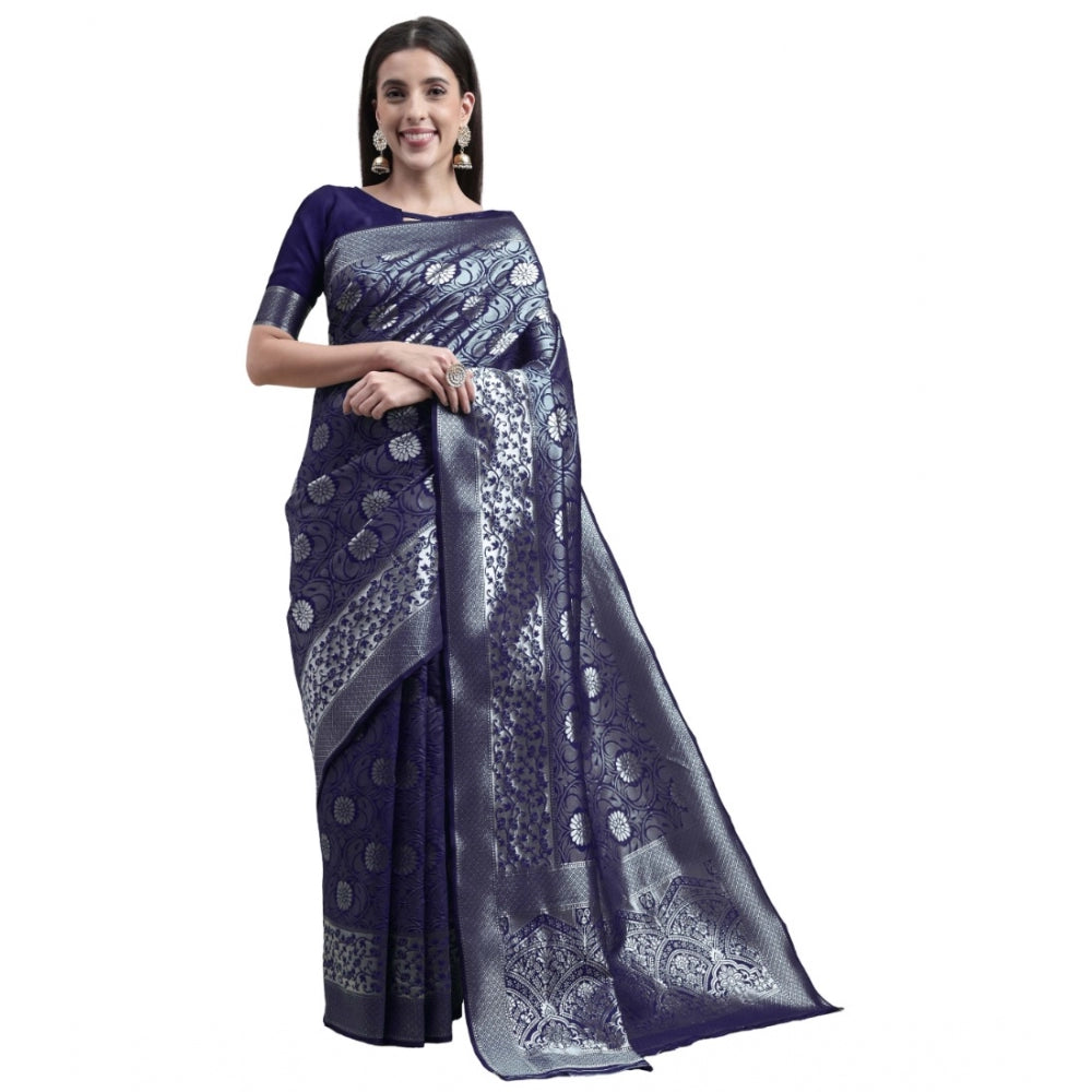 Generic Women's Kanjivaram Silk Designer Silver Weaving Saree With Unstitched Blouse (Blue, 5.50 Mtrs) - Noble Nook