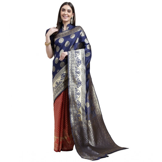 Generic Women's Kanjivaram Silk Designer Weaving Saree With Unstitched Blouse (Blue &amp; Red, 5.50 Mtrs) - Noble Nook