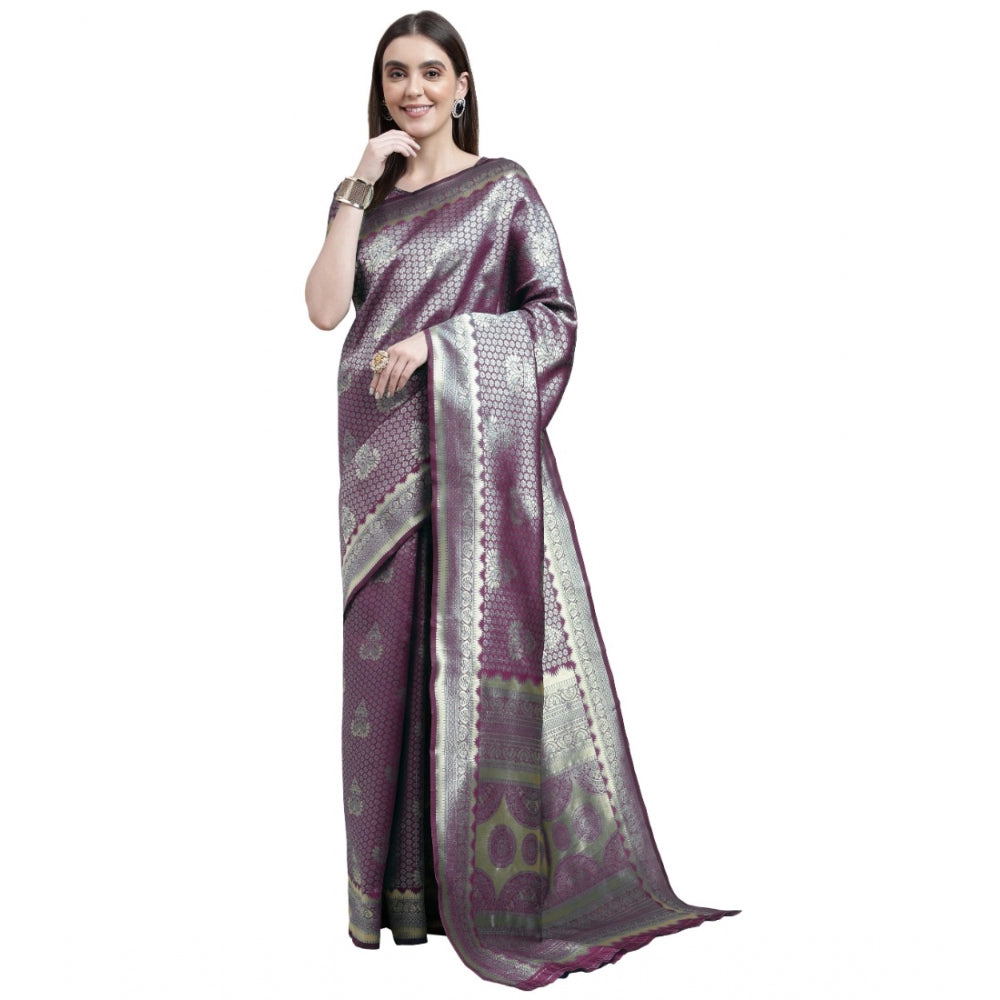 Generic Women's Banarasi Silk Designer Weaving Saree With Unstitched Blouse (Purple, 5.50 Mtrs) - Noble Nook