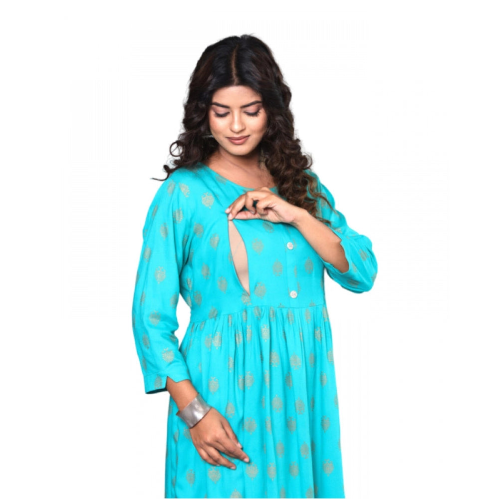 Generic Women's Casual Viscose Rayon 3-4th Sleeve Maternity Kurti (Aqua Blue) - Noble Nook