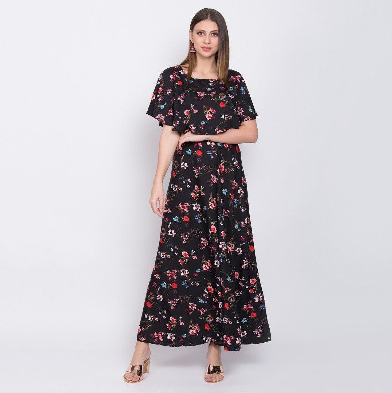 Generic Women's Crepe Floral Half Sleeves Full Length Gown(Black) - Noble Nook