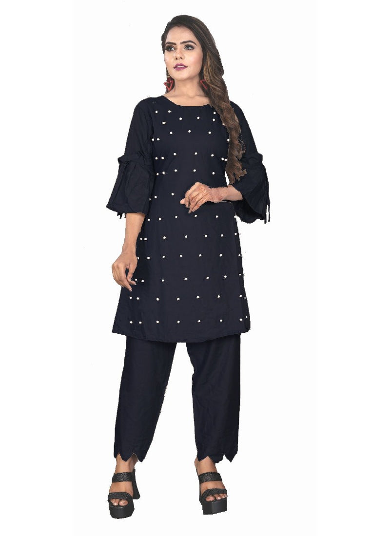 Generic Women's Rayon Short Sleeves Kurta Sets(Black) - Noble Nook