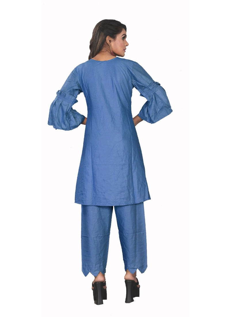 Generic Women's Rayon Short Sleeves Kurta Sets(Blue) - Noble Nook