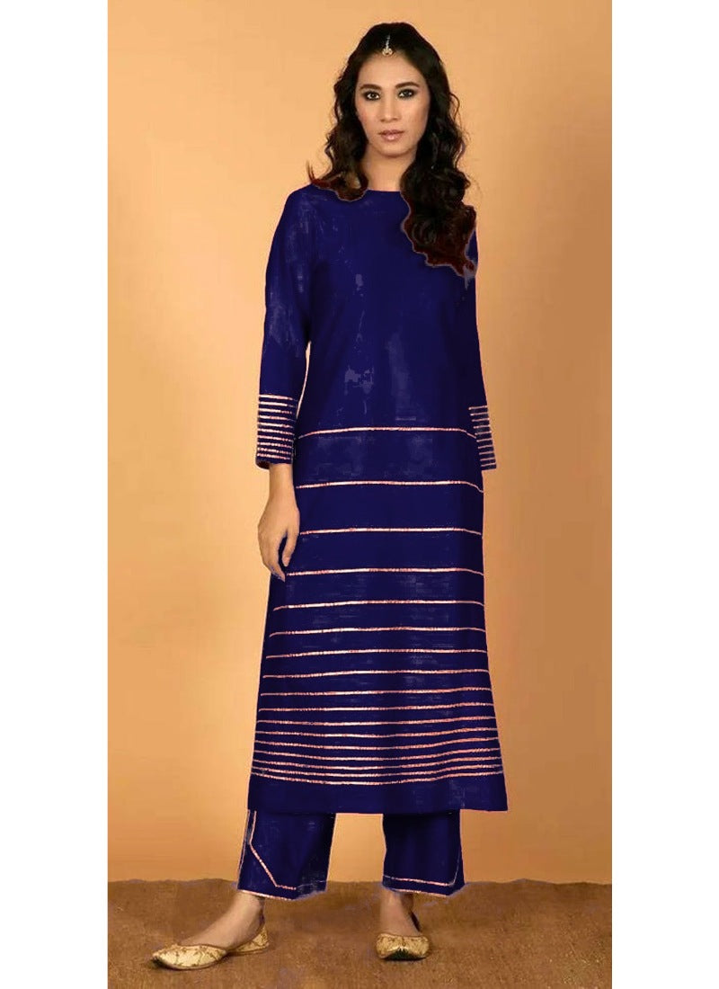 Generic Women's Rayon Three-Quarter Sleeves Kurta Sets(Navy Blue) - Noble Nook